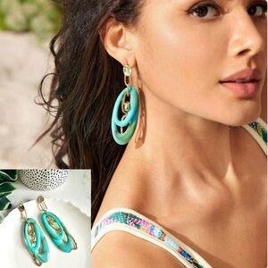 Turquoise Acrylic Oval Gold Chain Earrings Statement Boho Tropical Jewelry NEW
